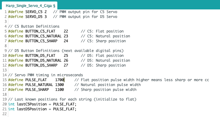 Screenshot of C code for the OpenPedal project, defining PWM output pins and button inputs for C5 and D5 servos, with specified pulse widths for flat, natural, and sharp positions.