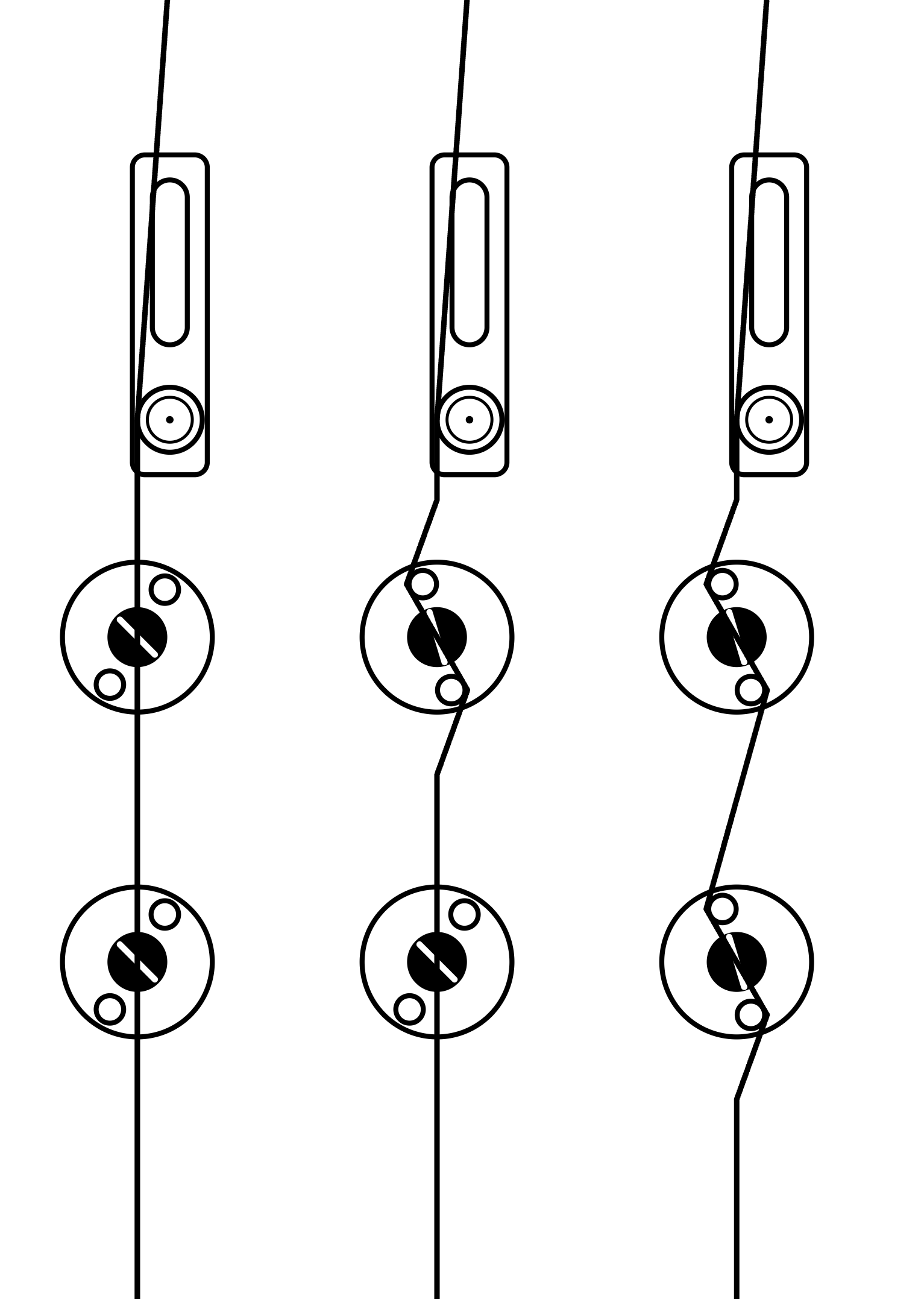 Diagram of a double-action pedal harp string in three positions. Left: both discs clear of the string. Middle: the upper disc turned so its two pins grip the string. Right: both discs gripping the string, shortening its vibrating length again.