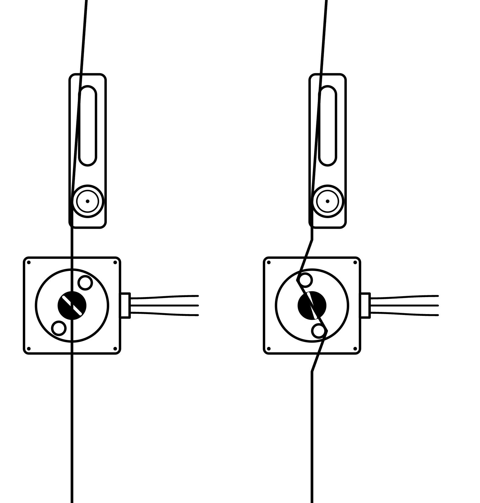 Diagram of a servo standing in for a disc. Left: the two pins on the servo horn are clear of the string, which runs straight down from the bridge pin. Right: the servo has turned so both pins grip the string, shortening its vibrating length the way a disc does.